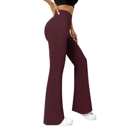 Flare Leggings for Women High Waisted Yoga Pants with Pockets Workout Gym Work Tummy Control Bootcut Leggings Wine X-Small