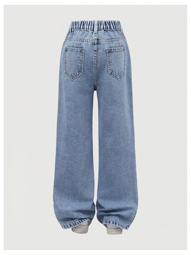 Girl's Bow Graphic Patch Jeans Elastic Waist Straight Leg Y2k Denim Pants with Pockets Medium Wash 9Y2