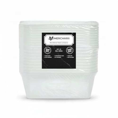 MERCHARII 10 × 650ml Plastic food containers with lids, Microwave, and freezer-safe, Heavy-duty, Rectangular, BPA-free, Reusable and Recyclable (650ml)