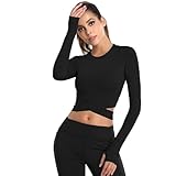 Camiseta Deportiva Corta de Manga Larga para Mujer Camisas Sin Costuras con Orificio para el Pulgar Yoga Crop Top de Running para Correr Fitness