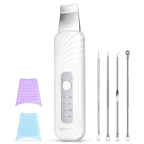 HUGJOG Blackhead Remover Tools Face Scrubber Skin Spatula for Facial Cleansing 4 Modes Pore Cleaner with 304 Stainless Steel Blade Type-C Rechargeable Silicone Face Brush 4 Needles PP Box