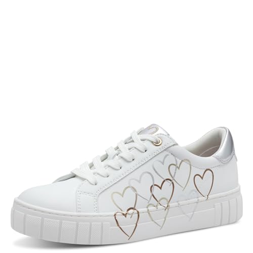 MARCO TOZZI Damen Sneaker flach mit Herzdetails Freizeit, Mehrfarbig (White/Gold), 39 EU