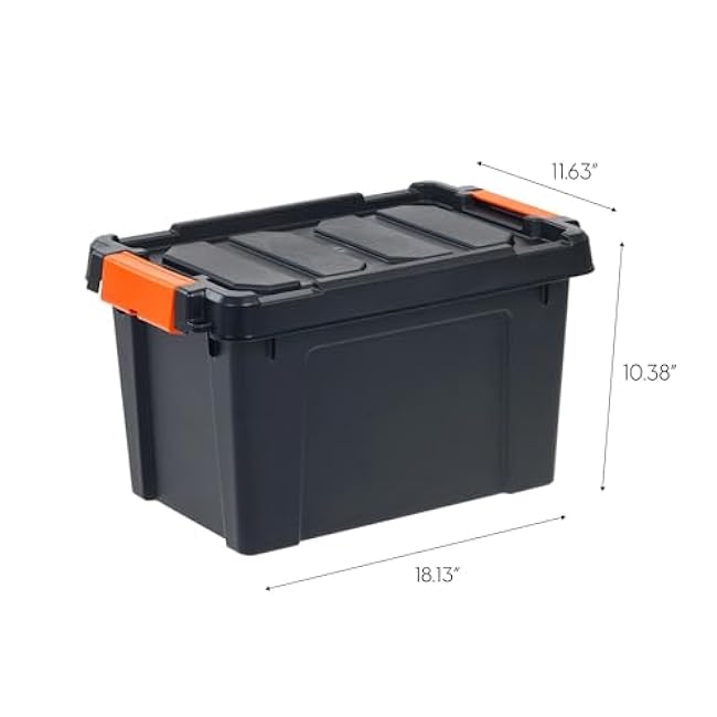 Heavy Duty Storage Container, 5 Gallon Capacity, Stackable Plastic Tote with Locking Lid, 18x12x10 inches, Black/Orange