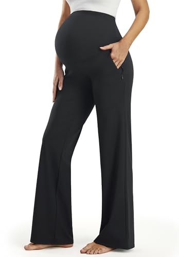 JOYSPELS Maternity Work Pants Pregnancy Workout Yoga Lounge Pants Leggings Wide Leg Trousers Slacks for Women Black