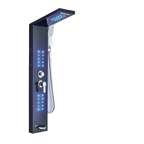 SnamicE Juego de mezclador termostático para ducha, panel de ducha LED negro mate, juego de grifo de ducha de cascada, juego de grifo de ducha de hidromasaje, columna de ducha de doble mango, torre