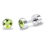 BLISI G23 Solid Titanium Studs Earrings Flat Back Earrings, Dainty Tiny 3mm Peridot Screw Back Silver Stud Earrings Hypoallergenic Cartilage Rhinestones Earring Helix Tragus Conch Piercing Jewelry
