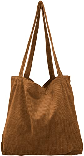 YINUO Sac fourre-tout en velours côtelé pour femme, sac à main décontracté, grande capacité, sac de courses avec 2 poches, marron, Large