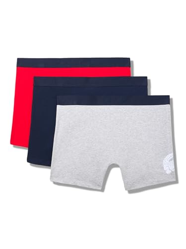 Lacoste Men's Cotton Stretch Big Croc Print Boxer Briefs, 3-Pack, Navy Blue/Grey/Red, 2X-Large3