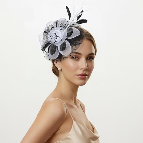 Image of DRESHOW Fascinators Hat Flower Mesh Ribbons Feathers on a Headband and a Clip Tea Party Headwear for Girls and Women