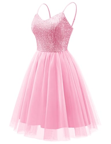 Image of Dressystar 2026 Women's Tiered Sparkly Sequin Glitter Formal Prom Dress Mini Spaghetti Strap Tulle Cocktail Party Dresses