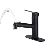 HUAHUALALA Bathroom Sink Faucet with Pull Out Sprayer for Sink 1 Hole,Three Water Flow Modes with Rotating Spout, Brass Single Handle for Hot and Cold Water Vanity Basin Faucet,Matte Black