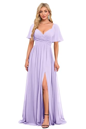 Image of Women's Flutter Sleeves Chiffon Bridesmaid Dresses with Slit Long A Line V-Neck Formal Party Dress with Pockets