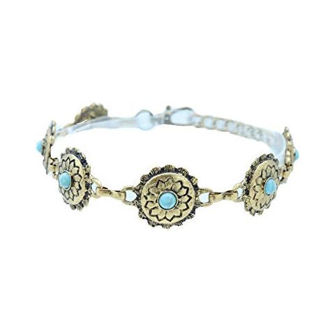 TrendyFashionJewelry TFJ Women Western Bohemian Boot Chain Metal Bling Bracelet Anklet Shoe Weekend Blue Flower Charm Antique Gold Color Cover