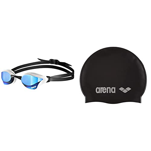arena Cobra Core Swipe Mirror Goggle, 413748492, 003251, blau/weiß, einheitsgröße & Unisex Badekappe Classic Silikon(Verstärkter Rand, Weniger Verrutschen der Kappe, Weich), Black-Silver (55)One Size