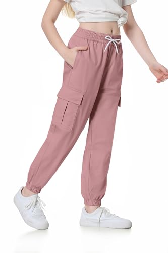 Image of SANGTREE Girl's&Women's 2 Packs Cargo Pants Elastic Waist Drawstring Tapered Multi Pockets Cargo Jogger Pants