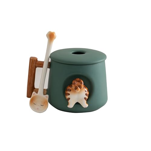 DIHOclub Adorable 3D Ceramic Animal Mug with Lid and Spoon - Perfect for Coffee, Tea, Milk, and More - Ideal Gift for Animal Lovers - 14 Ounces (Green Cat's tail)