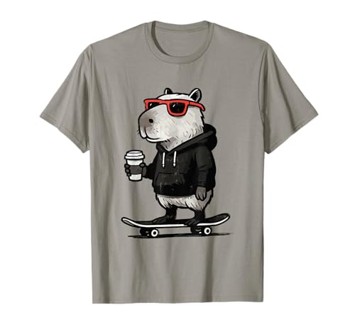 Coole Capybara auf Skateboard mit Kaffee-Lustigem Skater-Kapy T-Shirt