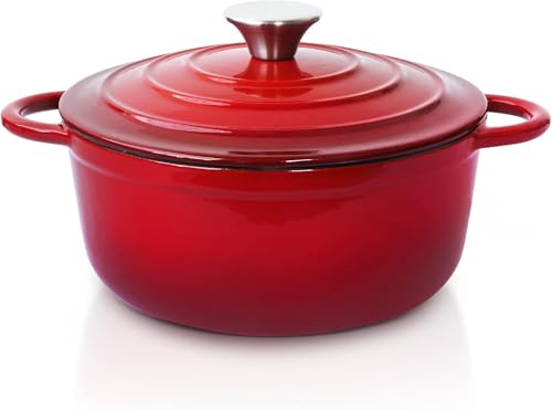 Azonee 3 QT Cast Iron Dutch Oven Enamel Coated Cookware Pot with Lid Round Dutch Oven Big Dual Handles Classic Round Pot for Home Baking Braiser Cooking Red