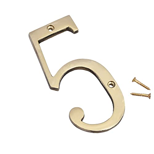 Image of 4 inch Brass House Hotel Door Number Plaque Sticky Numeric Numerical Digit 0-9 [9 (Nine)] (FIVE)