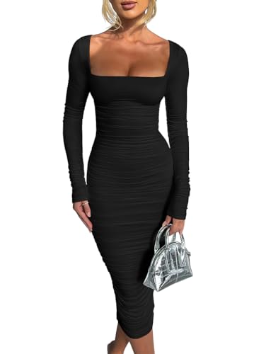 BEAGIMEG Women's Sexy Bodycon Long Sleeves Ruched Square Neck Party Club Midi Dress