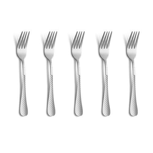 Image of 6.7 inch Sterling Silver Salad Forks Set of 5 with Checks Printed Handle ? Durable Stainless Steel Salad Forks, Mirror Polished Silverware, Perfect for Home, Restaurant, and Gifting