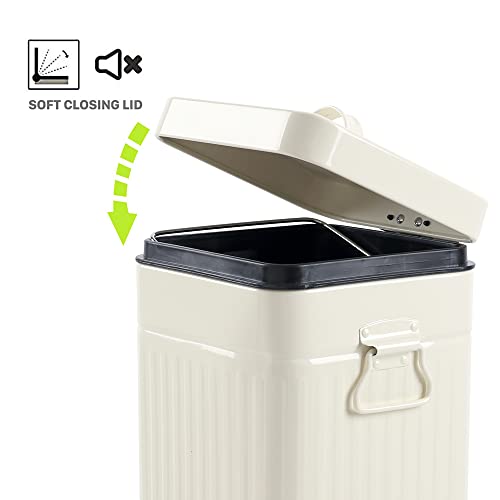 Image of Bathroom Trash Can with Lid, Small Garbage Bin for Home Bedroom, Retro Step Wastebasket with Soft Close, Vintage Metal Office Trash Can, 5 Liter / 1.3 Gallon, Ivory White