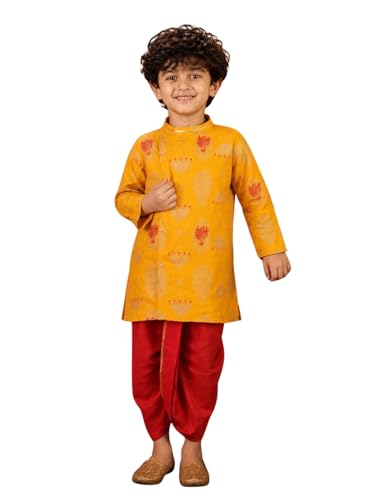 Image of superminis Boy's Golden Foil Printed Side Open Cotton Kurta, Round Collar, Full Sleeves Ethnic Wear Dhoti Kurta Set
