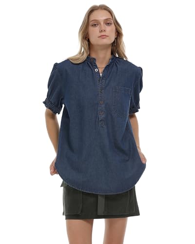 Locachy Women's Half Button Mock Neck Denim Shirt Casual Puff Short Sleeve Denim Blouse Top2