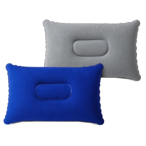 flintronic Kleine Campingkissen, 2PCS Ultraleicht Aufblasbares Kissen, Beflockung Luftkissen Kopfkissen für Camping und Reisen aus Weichem Material, 34x22 cm (Königsblau + Grau)