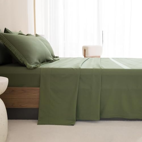 Image of Andency Oversized King Comforter Set with Sheets 120x120 Olive Green - 7 Pieces Boho Tassel Bed in a Bag Soft Lightweight Bedding Sets, Fringe Bed Set with Comforter, Sheets, Pillowcases & Shams