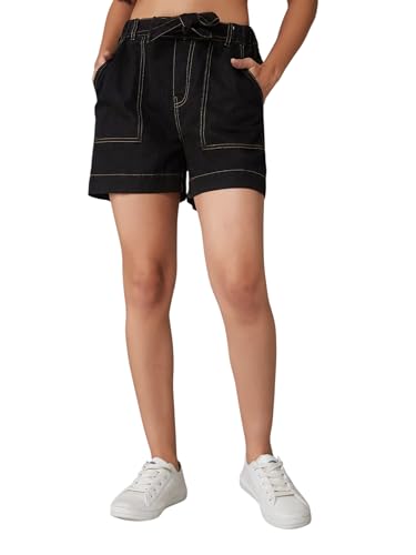 Image of Dolce Crudo Women's Relaxed Fit Mid-Rise Denim Shorts with Adjustable Waist & Frayed Hem