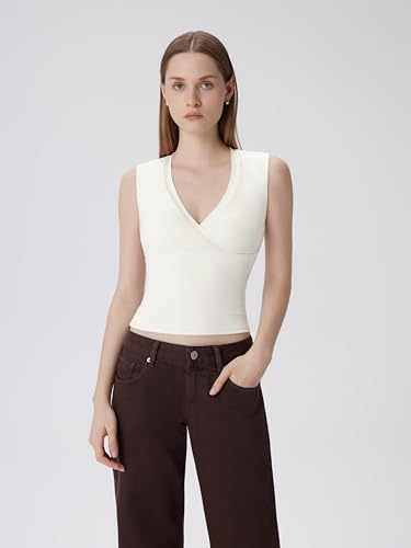 Image of SUUKSESS Women Built in Bra V Neck Tank Tops Double Lined Summer Going Out Camisole Tops