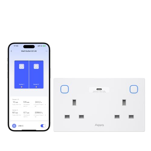 Aqara Wall Outlet H2 UK Matter over Thread Double Socket 20W USB-C Energy Monitoring & Automations Voice & App Control Supports HomeKit Alexa Google Home Zigbee Required Aqara Hub