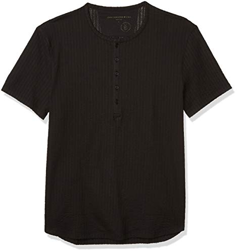 John Varvatos Star USA Men's Irving Short Sleeve Cotton Jacquard Rib Henley, Mineral Black, Medium