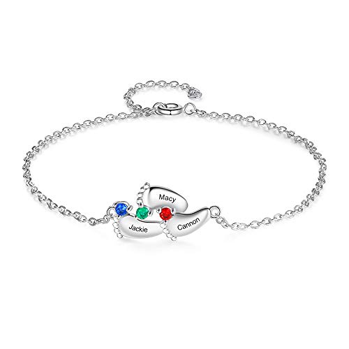 Gemszoo Personalized Name Bracelet With 1-5 Simulated Birthstones Custom Engraved Baby Feet Anklet With Adjustable Chain For Mom Women Girls Mother's Day (3 Stones) #TOP5