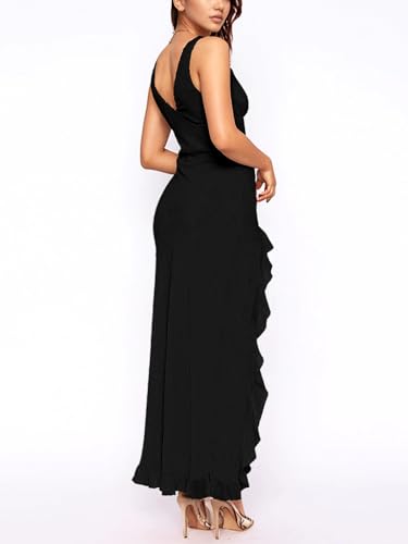 Women's Sexy V Neck Sleeveless Mesh Ruffles Hem High Slit Bodycon Maxi Casual Backless Cocktail Wedding Guest Party Dress2