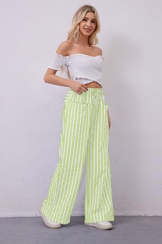 Image of MISSACTIVER Women Drawstring Striped Pants Loose Wide Leg Trousers Casual Low Waist Pants Comfy Lounge Pants with Pockets