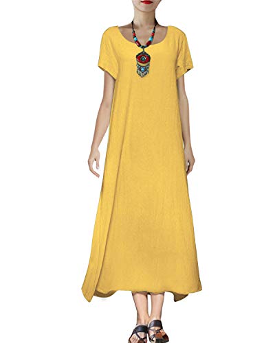 Celmia Women's Solid Kaftan Loose Long Maxi Dresses Short Sleeve Cotton Gown with Side Pockets A-Yellow Large