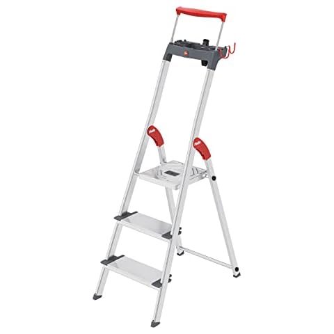 Hailo L84 ComfortLine Alu-Sicherheits-Stehleiter | 3 XXL-Stufen belastbar bis 150 kg | Tiefe Standfläche & Haltegriff | Stehleiter mit Ablage | Aluleiter Made in Germany | Leiter rostfrei | Silber Cover
