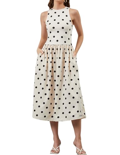 Image of TERIVEEK Women Summer Polka Dots Sleeveless Midi Dress Casual High Neck Patchwork Tank Sundress Boho Flowy Dress with Pockets