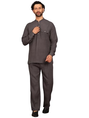 Image of See Designs Men's Full Sleeve Mandarin Collar Linen Solid Pathani Set