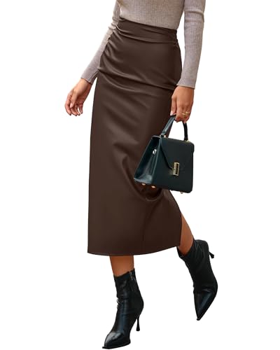 BTFBM Skirts for Women Trendy Fall 2025 Elastic Waist Ruched Bodycon Slit Pencil Midi Leather Skirt Bussiness Casual(Coffee, Medium)