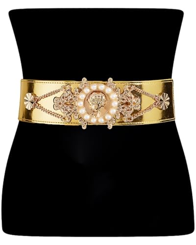 Women Vintage Pearl Wide Waist Belt Retro Stretch Elastic Belt for Dress with Metal Buckle