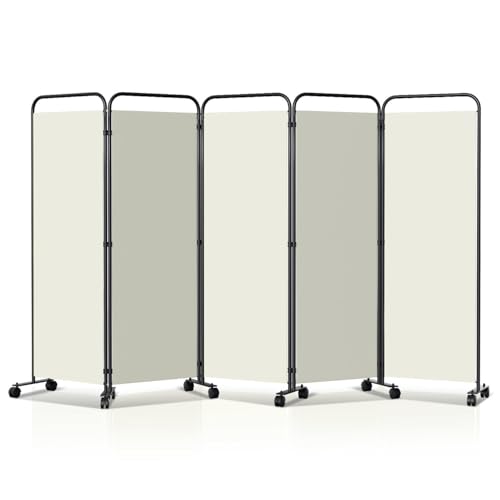 Yugodex Biombo Separador De Ambientes, Plegable, Independiente, Con Ruedas, Protección Visual, 5 Piezas, 284 X 180 Cm, Separador De Habitaciones Independiente Para Oficina O Dormitorio, Color Beige