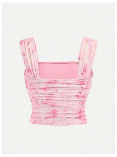 OYOANGLE Girl's Floral Print Tank Top Square Neck Sleeveless Wide Strap Ruched Crop Tops2