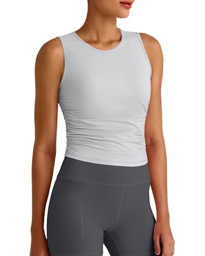 Image of G4Free Skimetic Workout Tank Tops for Women Side Ruched Sleeveless High Neck Crop Top Summer Athletic Gym Shirts