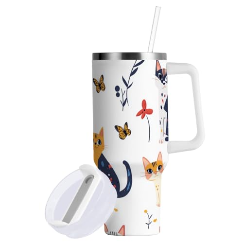 Vacuum Coldee - Vaso de 40 onzas con tapa y pajilla, diseño de dibujos animados de gatos, floral, color blanco, botella de agua de metal blanco, boca ancha, taza de acero inoxidable para el hogar, la