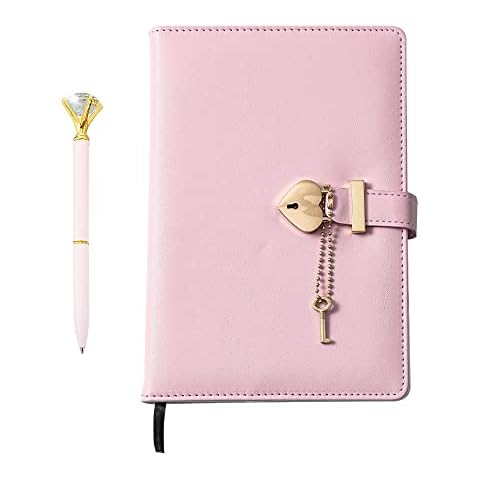 CIOUYAOS Heart Shaped Lock Journal with Diamond Pen, Waterproof PU Leather Cover A5 Size Notepad, 240 Pages Thick Lined Note Book for Women Girls (Pink,15*22CM) Cover