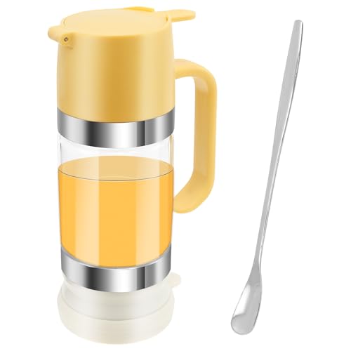 Tcwhniev Glass Honey Dispenser Pot, No Drip, 300ml Easy Refill Syrup Dispenser Jar with Handle and Spoon, Honey Jar Clear Maple Syrup Dispenser, No Drip Honey Container Pot for Honey Syrup (White)