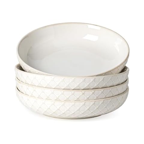 MIKIGEY Pasta Bowls Set of 4, 42oz Large Salad Bowl and Plate Bowls, 9 inch Porcelain Plate, Wide and Shallow Bowls for Serving Dinner, Pasta, Salad - Microwave and Dishwasher Safe Cover